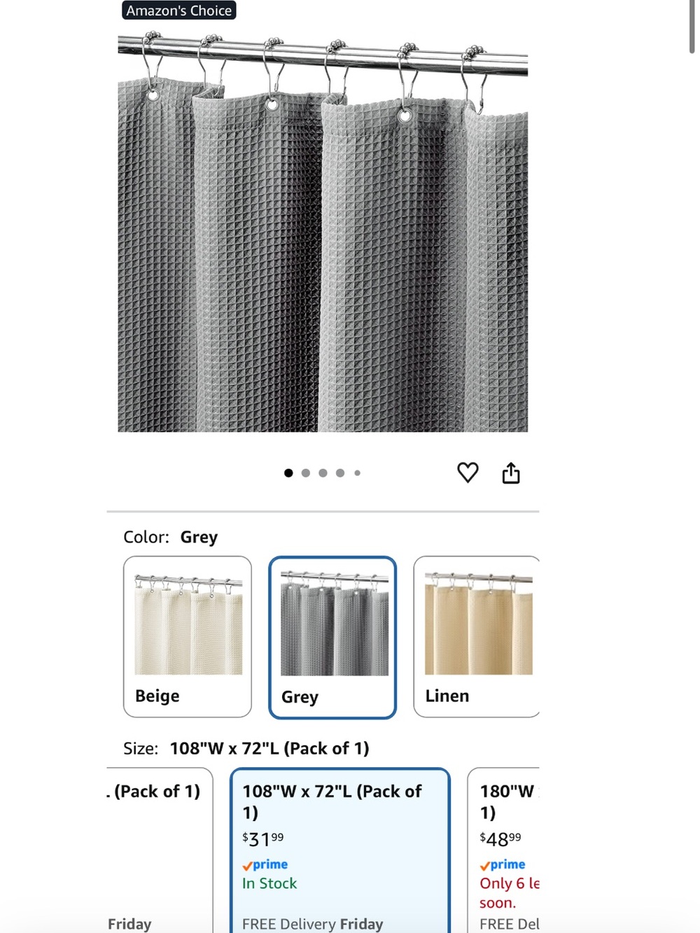 Textured Grey Fabric Waffle Shower Curtain with Metal Grommets